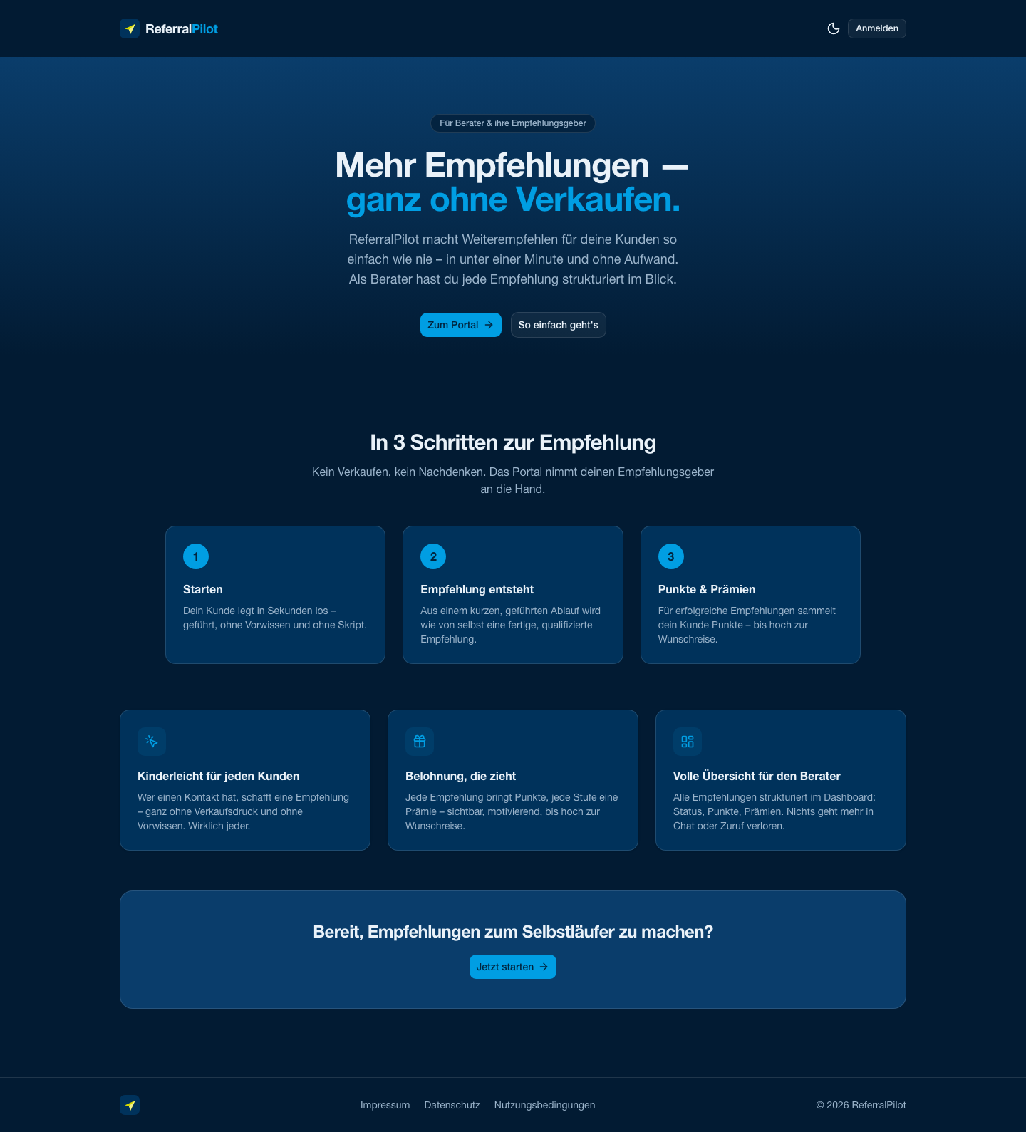Öffentliche Startseite von ReferralPilot